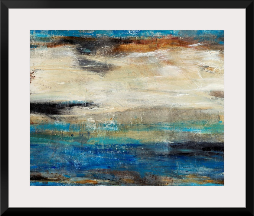 Contemporary abstract art using cool tones mixed with earth tones in a horizontal formation.