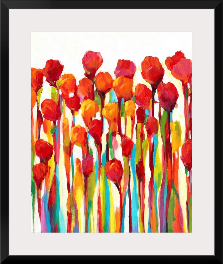 Bright contemporary painting of red flowers with rainbow stems.