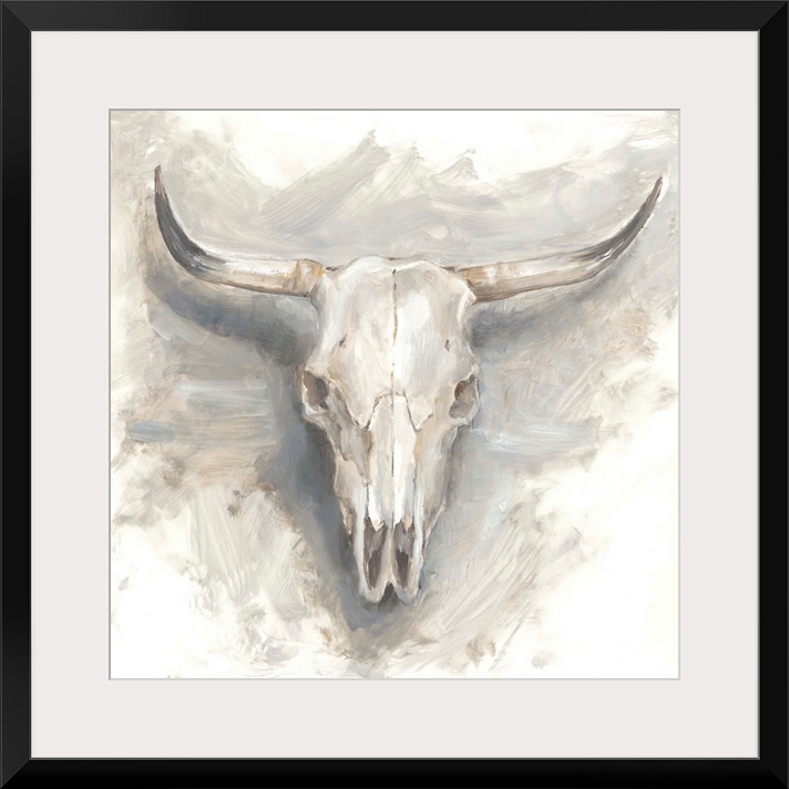 Contemporary painting of a mounted cattle skull in muted gray and beige hues.