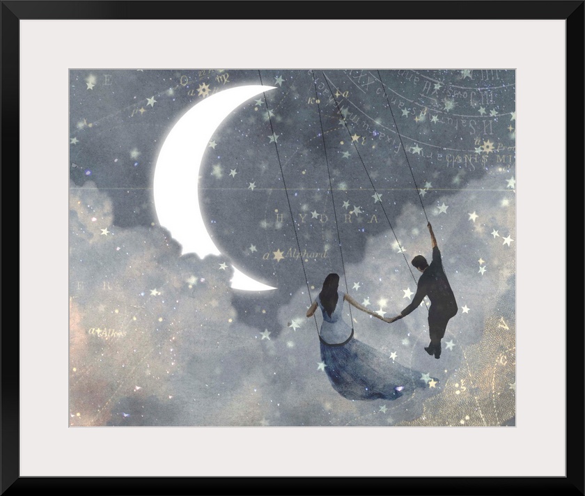 Whimsical design of a couple on swings, flying through the clouds on a starry night with a crescent moon.