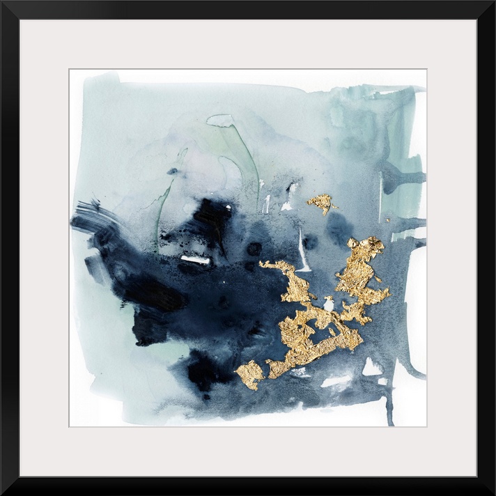 Watercolor painting of chaotic brush strokes of blue/gray tones with metallic gold leaf accents.