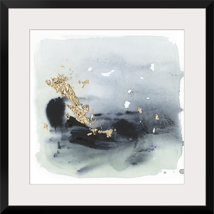 Watercolor painting of chaotic brush strokes of blue/gray tones with metallic gold leaf accents.