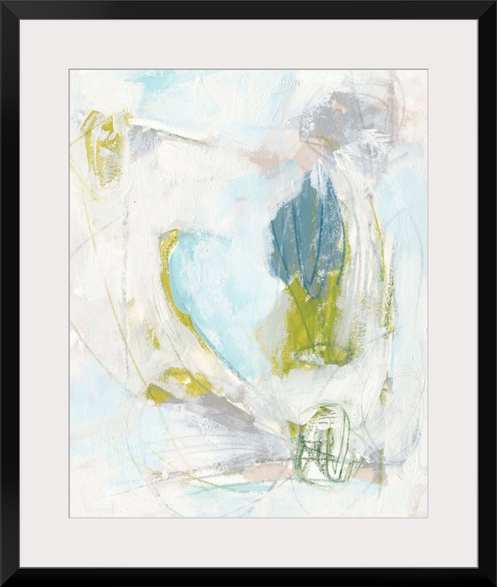 Contemporary abstract painting in green, blue, and white.