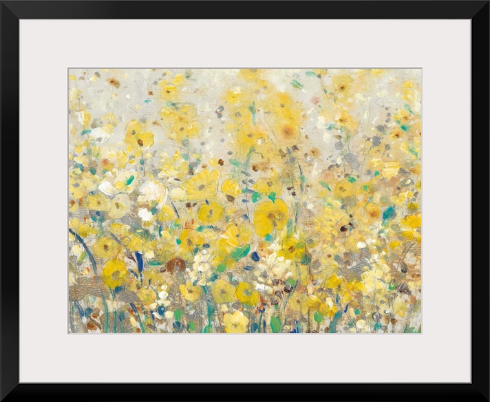 A contemporary painting displaying flowers and plants that are represented in mostly yellow tones.