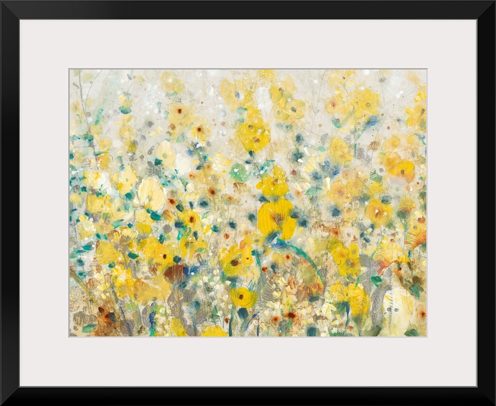 A contemporary painting displaying flowers and plants that are represented in mostly yellow tones.