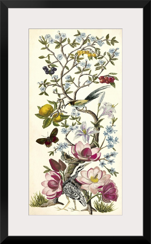 Vintage style artwork of a tree with flowering branches and butterflies.