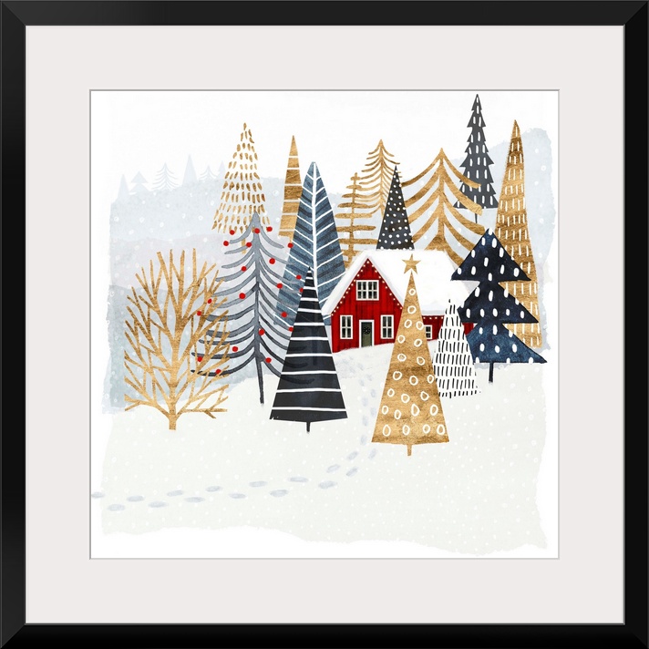 Festively patterned trees in gold and shades of blue surround a red house and embellish a snowy landscape in this decorati...