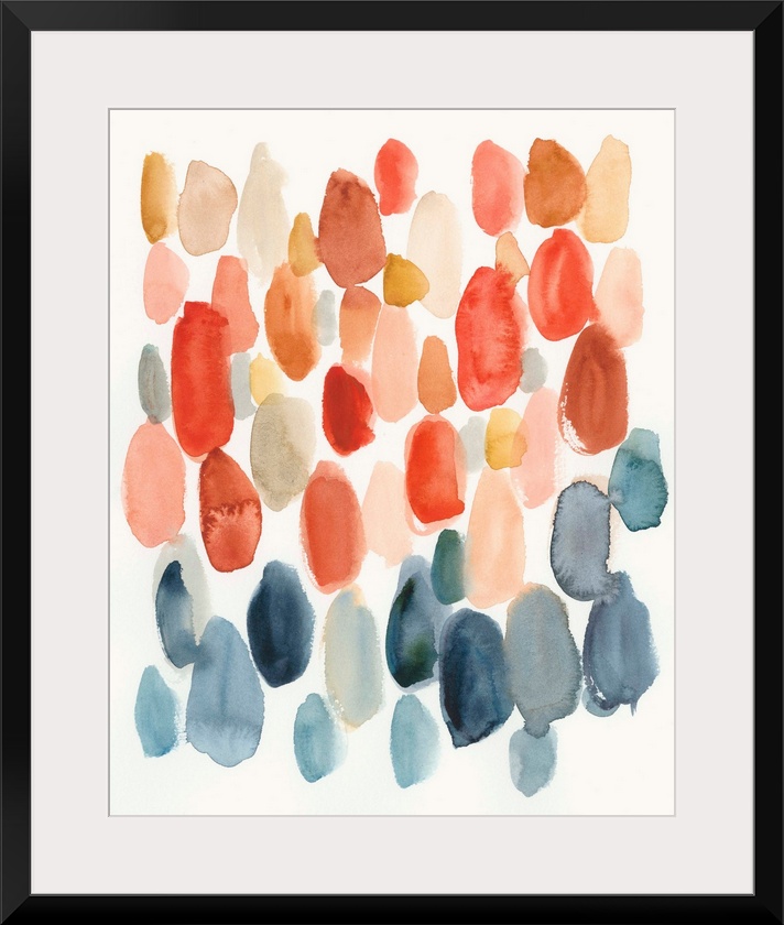 Watercolor abstract with oblong shapes in indigo, coral, and orange colors on a white background.