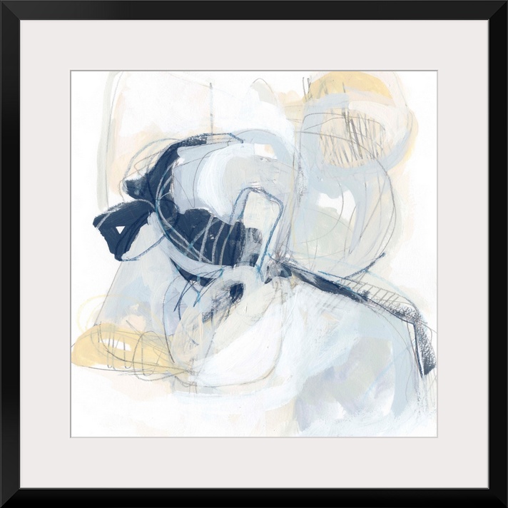 Square abstract painting in yellow, gray and white in overlapping circular shapes with fine scribble lines of gray and blue.