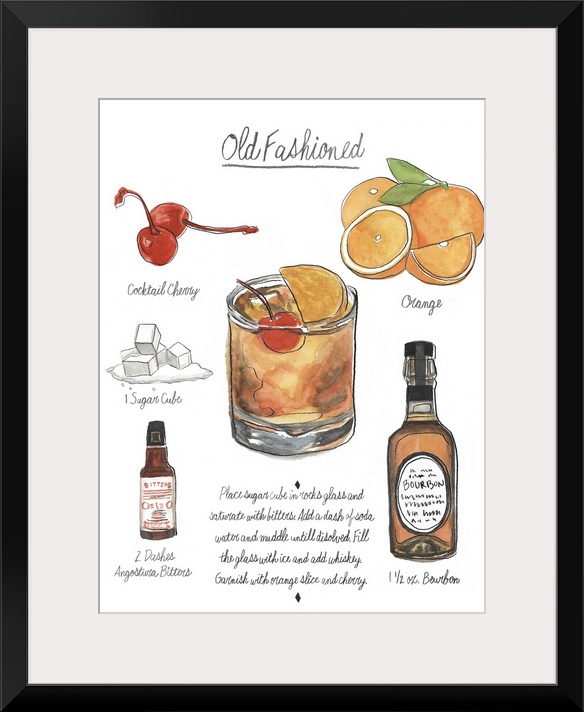 Contemporary artwork of a cocktail recipe showing illustrated ingredients against a white background.