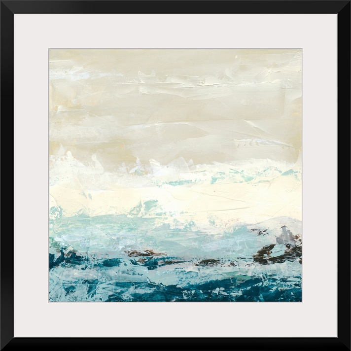 Square abstract painting of an ocean made up of large brush strokes.