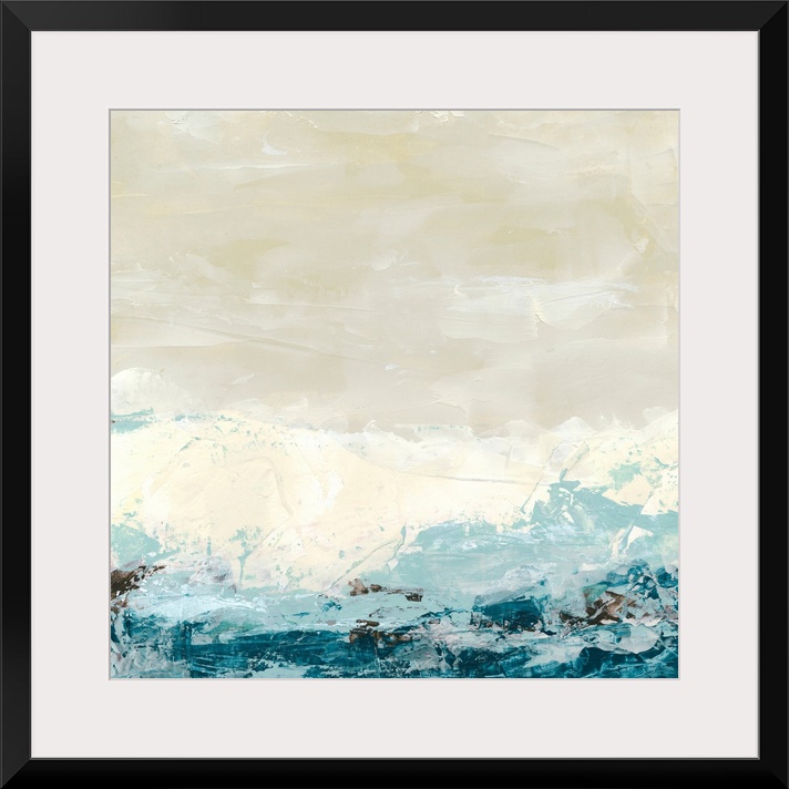 Square, large contemporary painting of sand colored background covered at the bottom by chaotic, ocean colored paint splat...