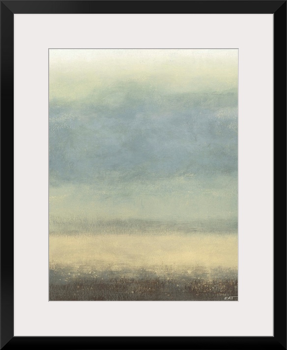 Contemporary abstract painting using pale blue and cream tones.