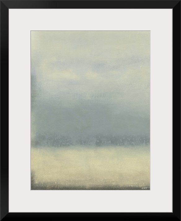 Contemporary abstract painting using pale blue and cream tones.