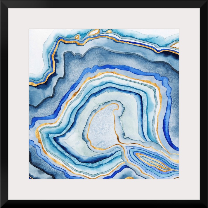 Abstract artwork in blue and gold layers resembling a cross section of an agate stone.