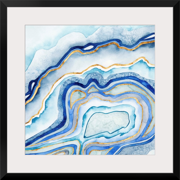 Abstract artwork in blue and gold layers resembling a cross section of an agate stone.