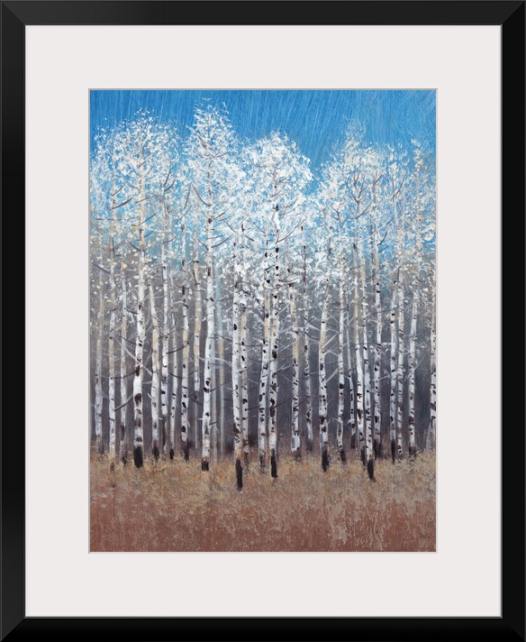 Contemporary painting of a forest of white birch trees under a blue sky.