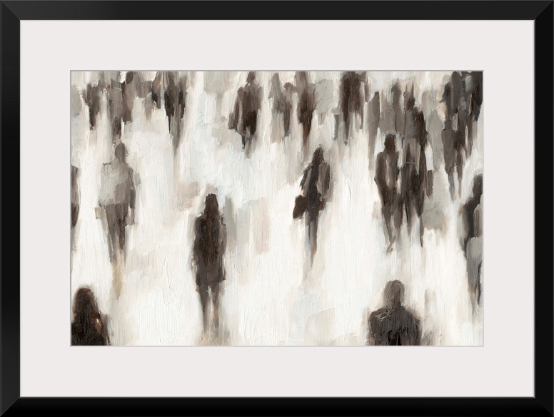 Abstracted figurative painting of a crowd of people commuting to and from work.