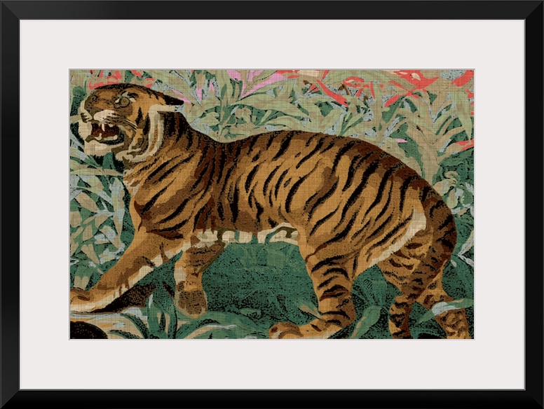 Bohemian painting of a tiger in front of a floral background.