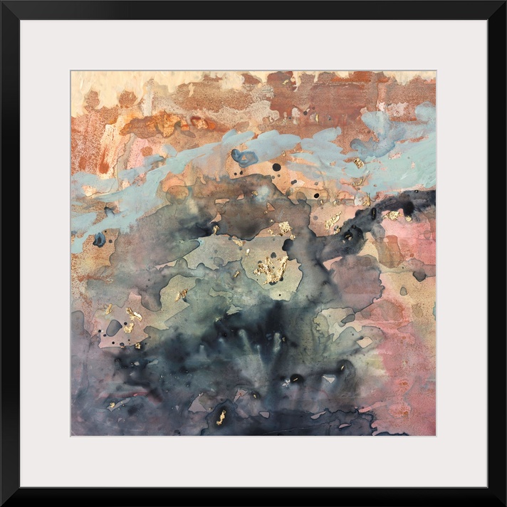 Square abstract painting in blended colors of brown, pink, blue and gray with gold accents overlapping.