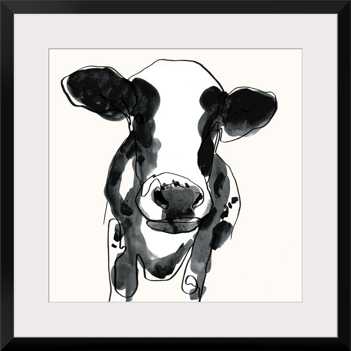Contemporary watercolor portrait of a cow in black and white.