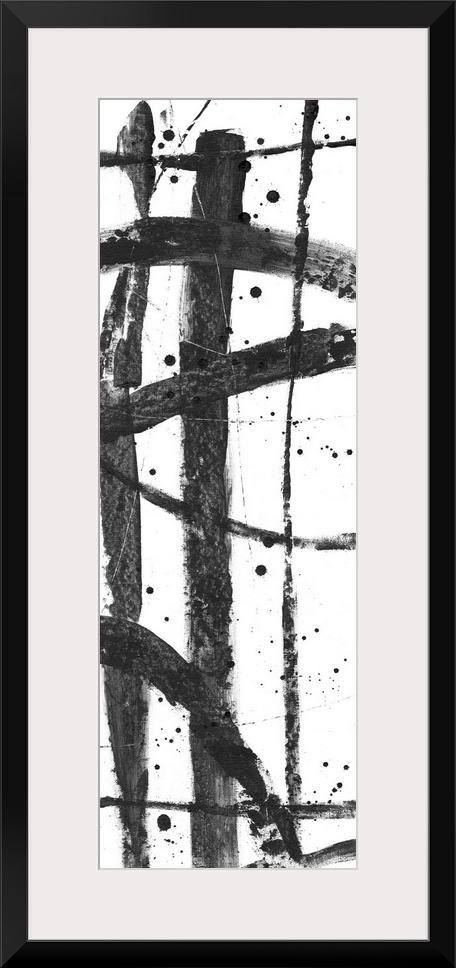 Contemporary abstract painting with criss-crossing black lines on a white background.