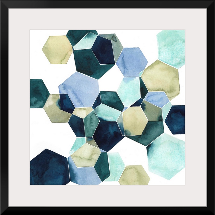 Watercolor geometric painting of intersecting hexagons in blue tones.