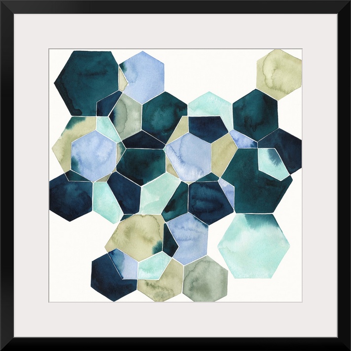 Watercolor geometric painting of intersecting hexagons in blue tones.