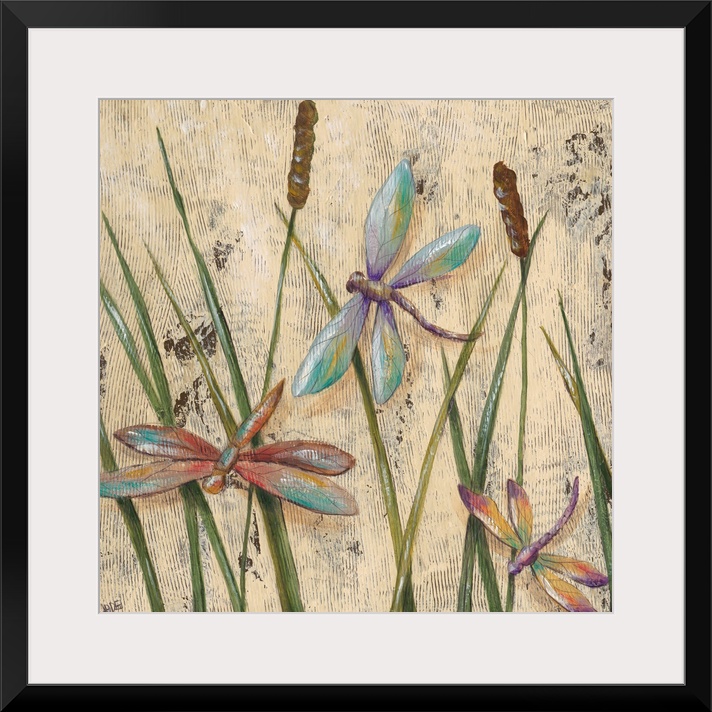 A transitional image of three jewel-toned dragonflies hovering among cattail grasses. This artwork would suit a traditiona...