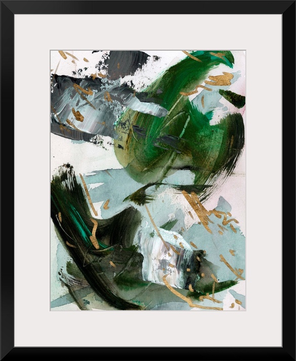 A bold, masculine abstract in shades of dark green and seafoam with gold accents. This contemporary piece would be a stand...