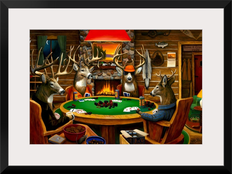 Big canvas painting of four deer sitting around a circular table playing poker in a wooden cabin.