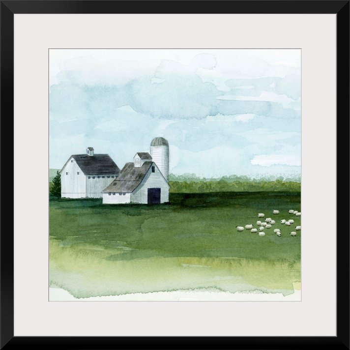 Watercolor painting of barn on a farm with a herd of sheep grazing at pasture.