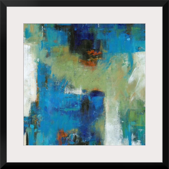 Contemporary abstract painting using vibrant blue and green tones.