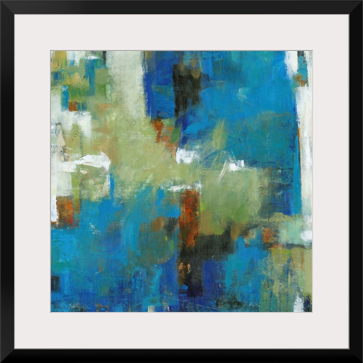 Contemporary abstract painting using vibrant blue and green tones.