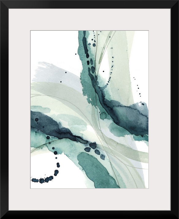 Contemporary watercolor painting of broad curved brushstrokes in teal and grey.