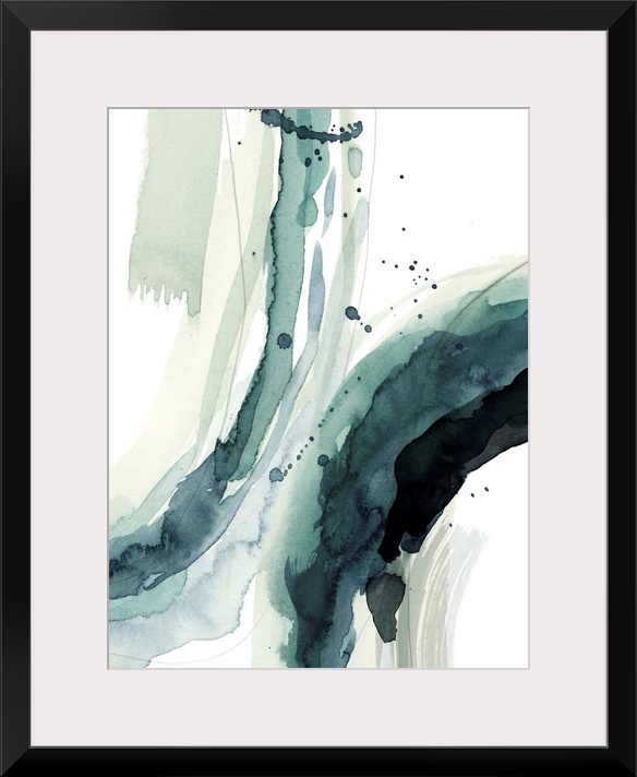 Contemporary watercolor painting of broad curved brushstrokes in teal and grey.