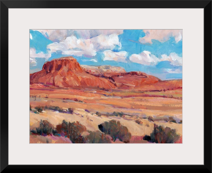 Contemporary landscape painting of a bright blue cloudy sky overlooking a desert.