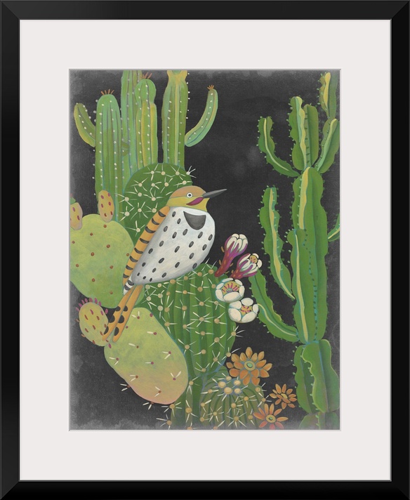 Contemporary Southwestern-themed artwork of a Gila Woodpecker on a cactus.