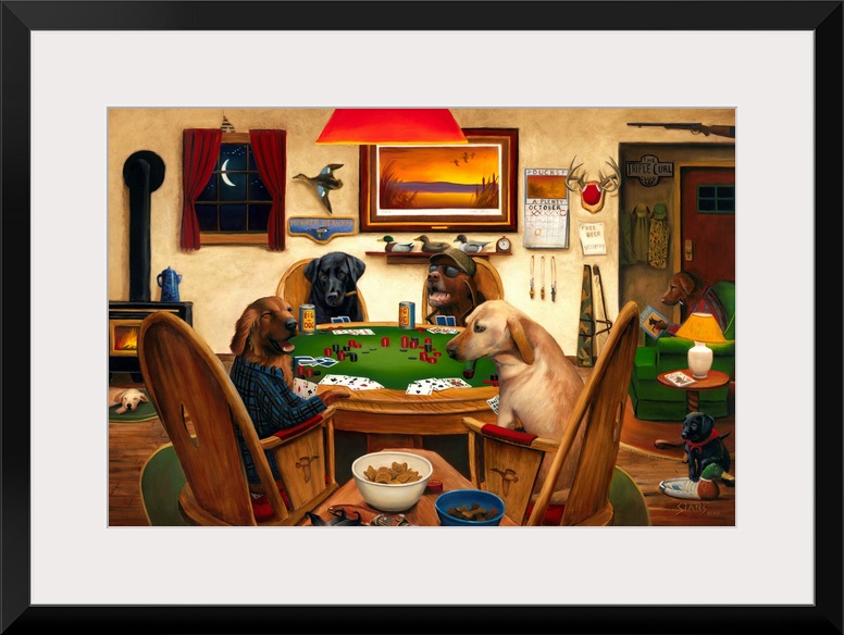 Horizontal artwork on a big canvas of four dogs, two wearing human clothing, sitting around a table playing poker and drin...