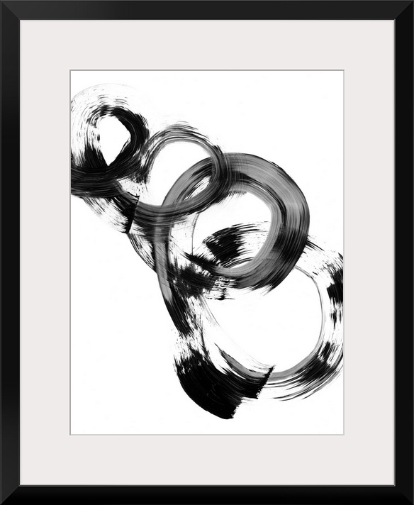 Contemporary abstract painting of interlocking circular shapes in black and white.