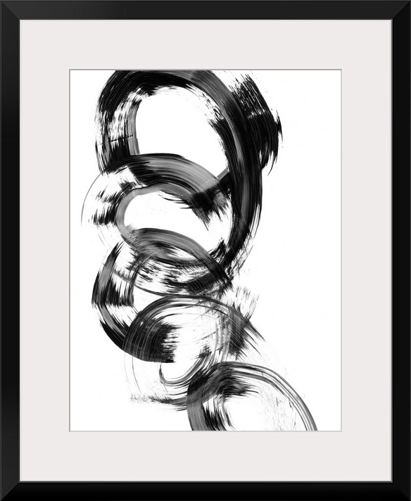 Contemporary abstract painting of interlocking circular shapes in black and white.