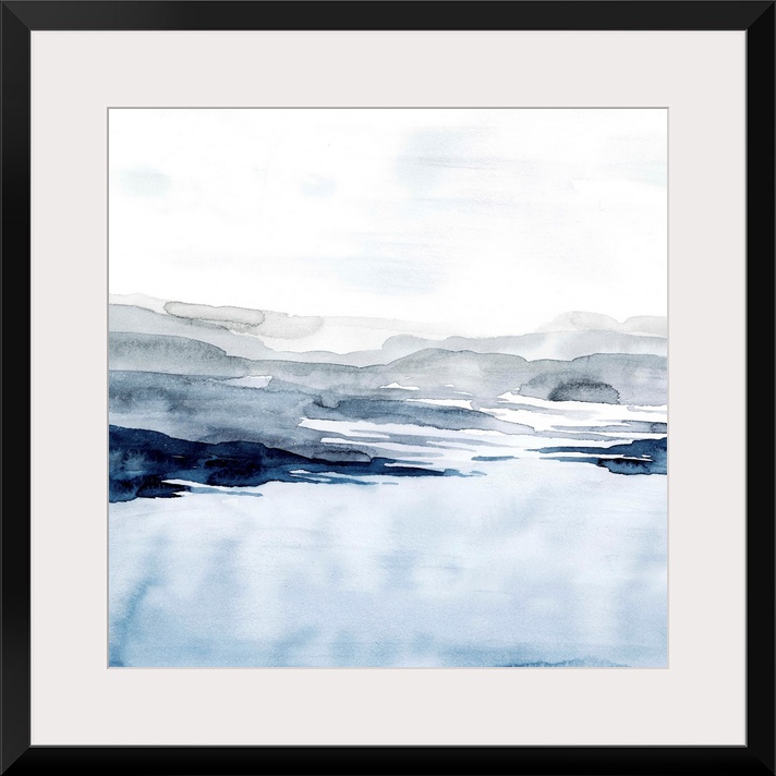 Watercolor landscape art of a pale blue ocean under a light grey sky.