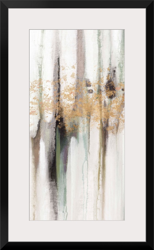 Contemporary abstract painting using tones of pale gray and gold splashes of color.