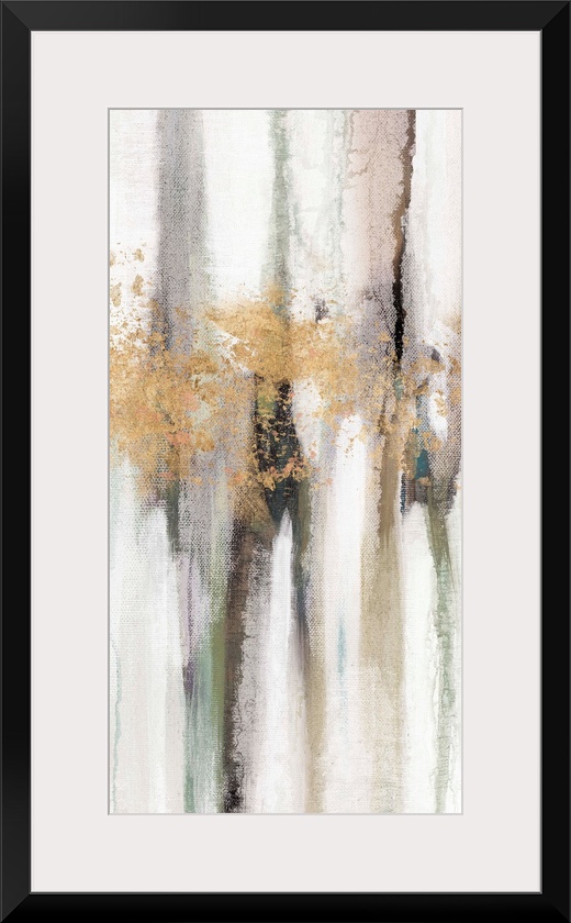 Contemporary abstract painting using tones of pale gray and gold splashes of color.