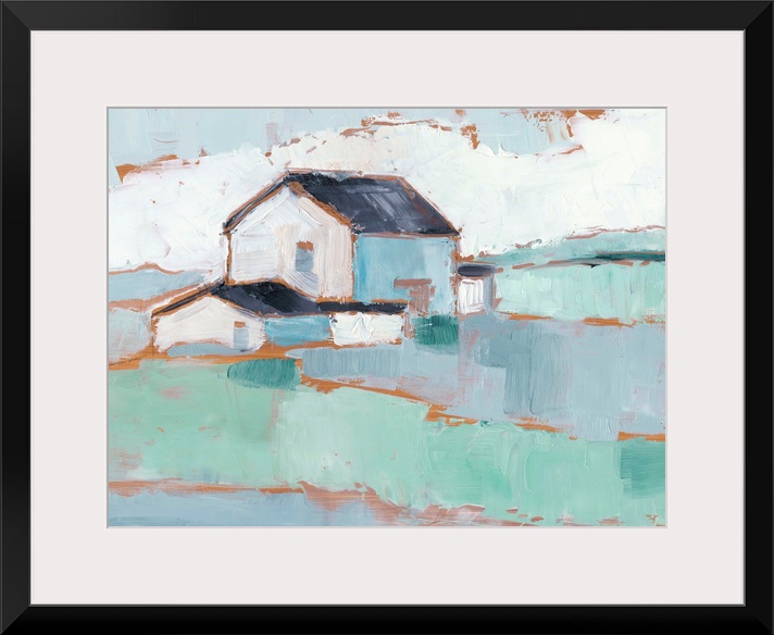 A blocky, contemporary image of a simple white building in fields of green and blue.