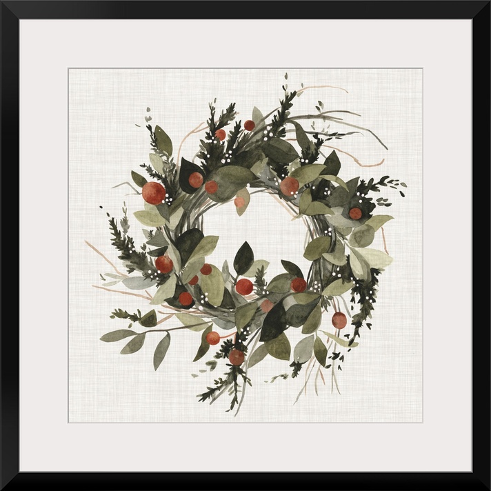 A decorative farmhouse wreath of holiday greenery and berries on a linen background.