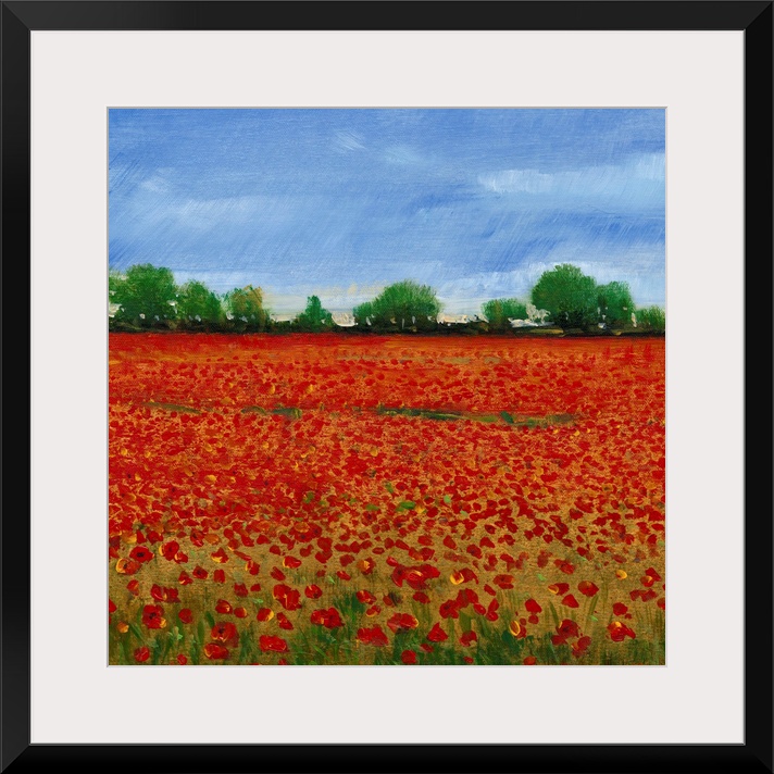 Contemporary painting of a field of red poppies under a blue sky.