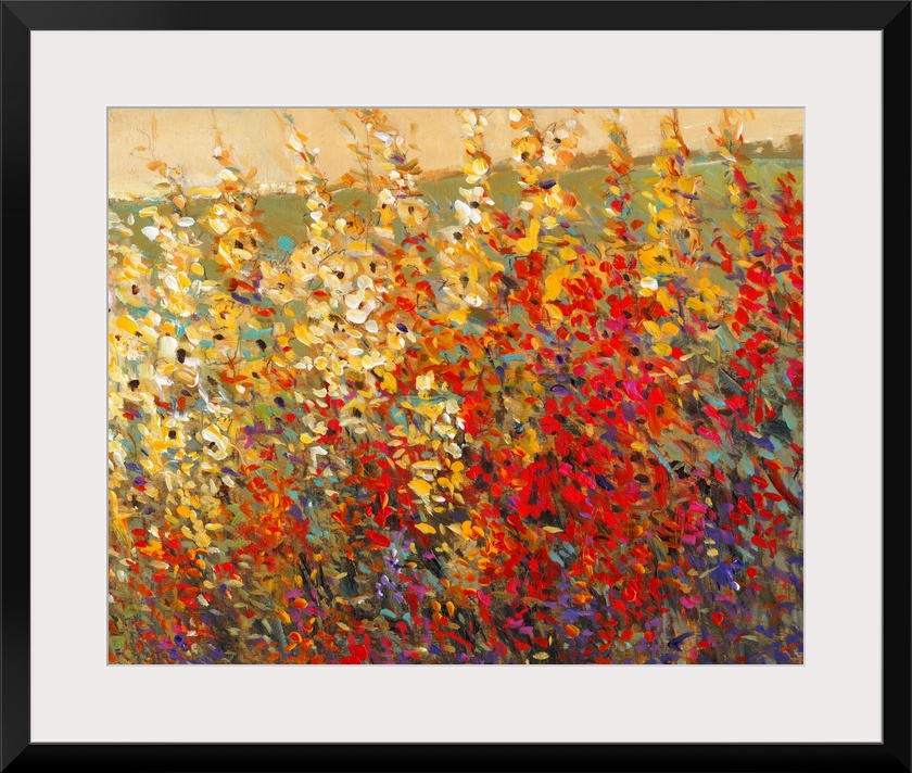 A glorious tangle of wildflowers in warm yellow and red tones. This modern painting in the impressionist style image featu...