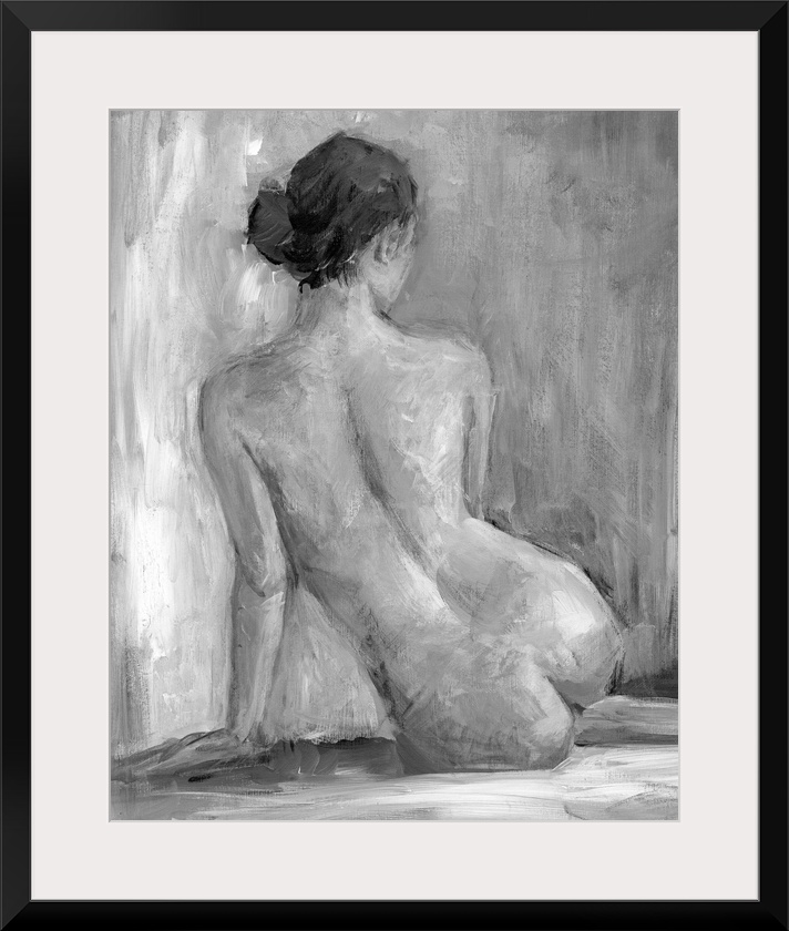 Nude portrait of the back of a seated woman. Her back to the artist the lady stares off into the distance as she supports ...