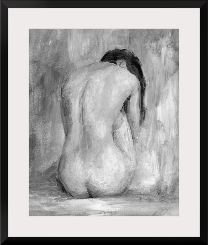 Portrait, large figurative painting of the back of a nude woman sitting on the floor, her head hanging down.  Painted in h...